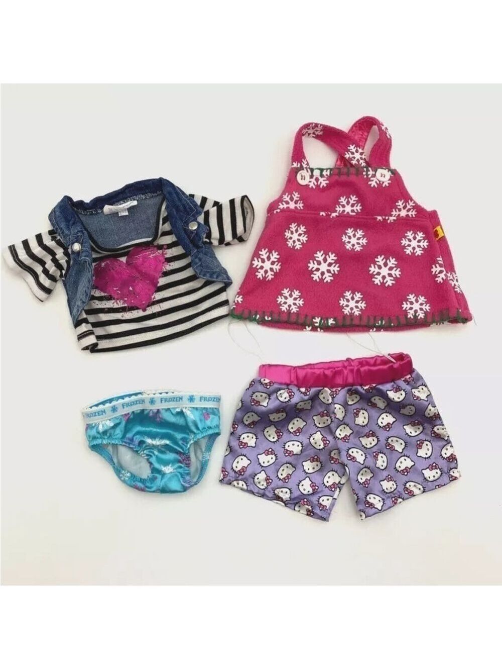 Build-A-Bear Girl Outfits Lot BABW - Top with Denim Vest, Dress, Hello Kitty PJs